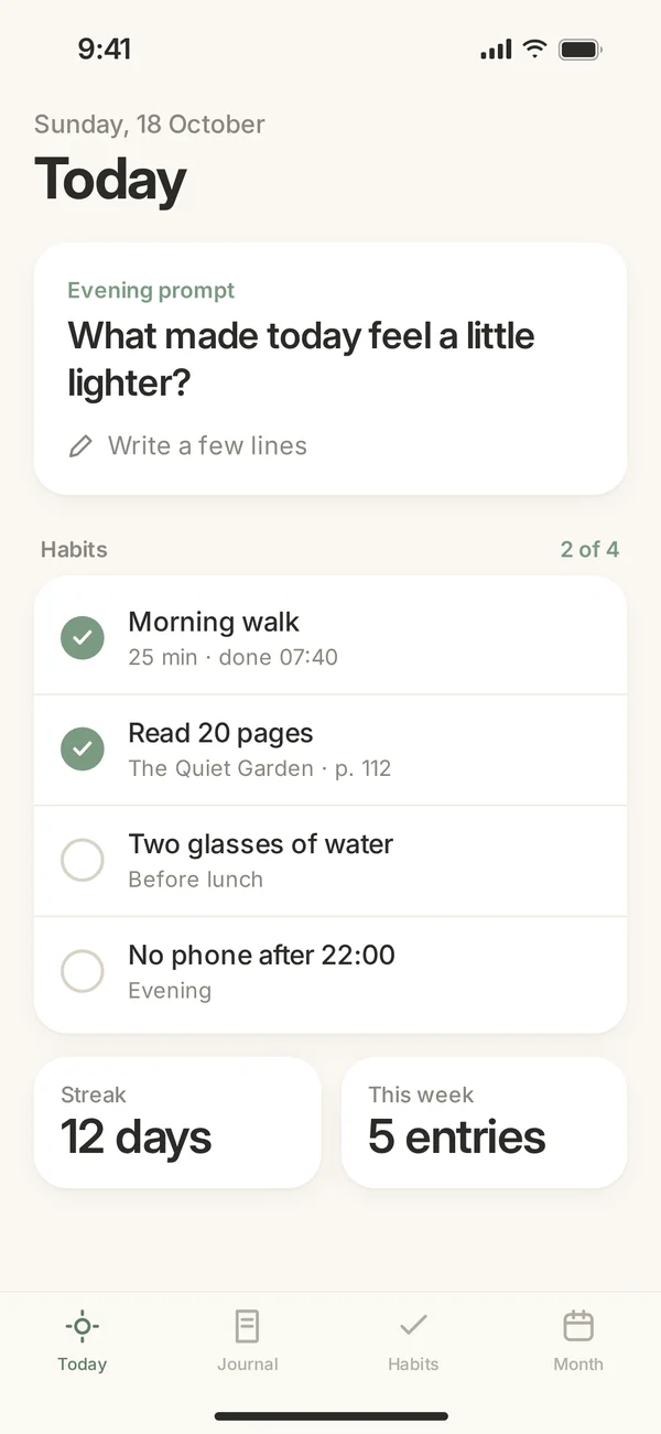 Fieldnote concept screen: today