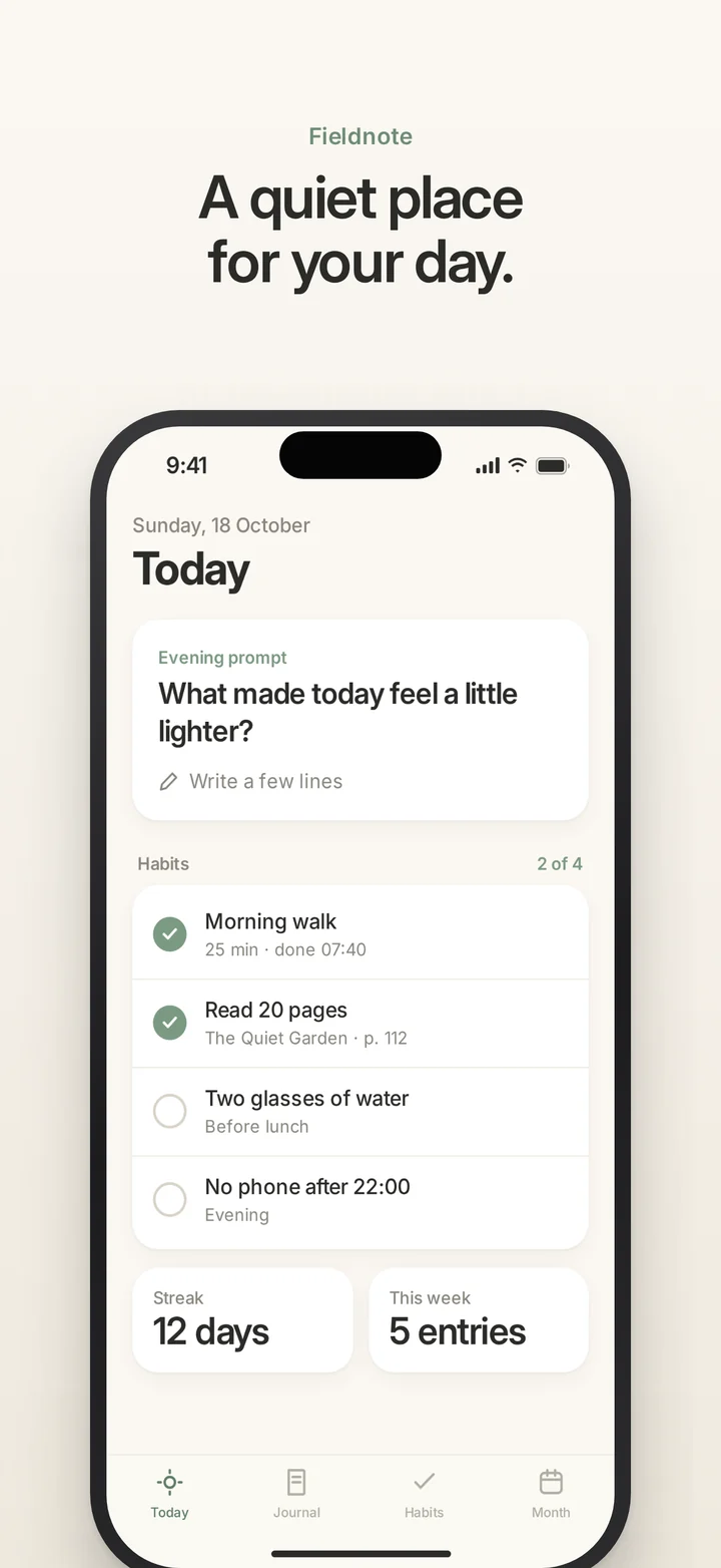 Concept for the fictional journal app Fieldnote: App Store screenshot reading ‘A quiet place for your day.’