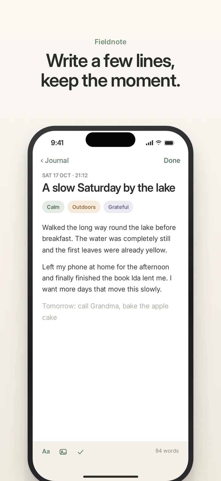 Fieldnote concept screenshot reading ‘Write a few lines, keep the moment.’