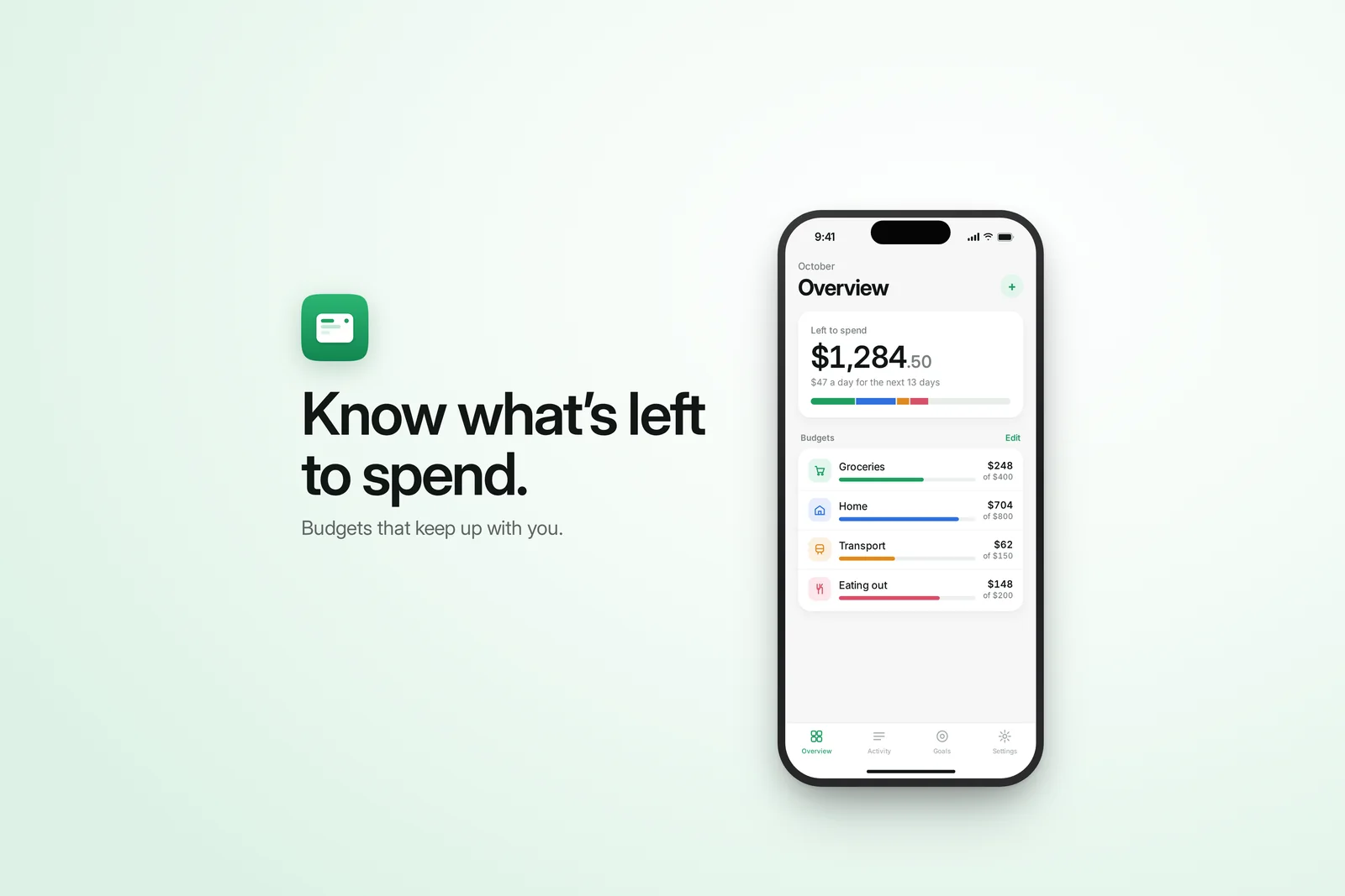 Concept for the fictional budgeting app Parcel: a 3:2 search results creative reading ‘Know what’s left to spend.’