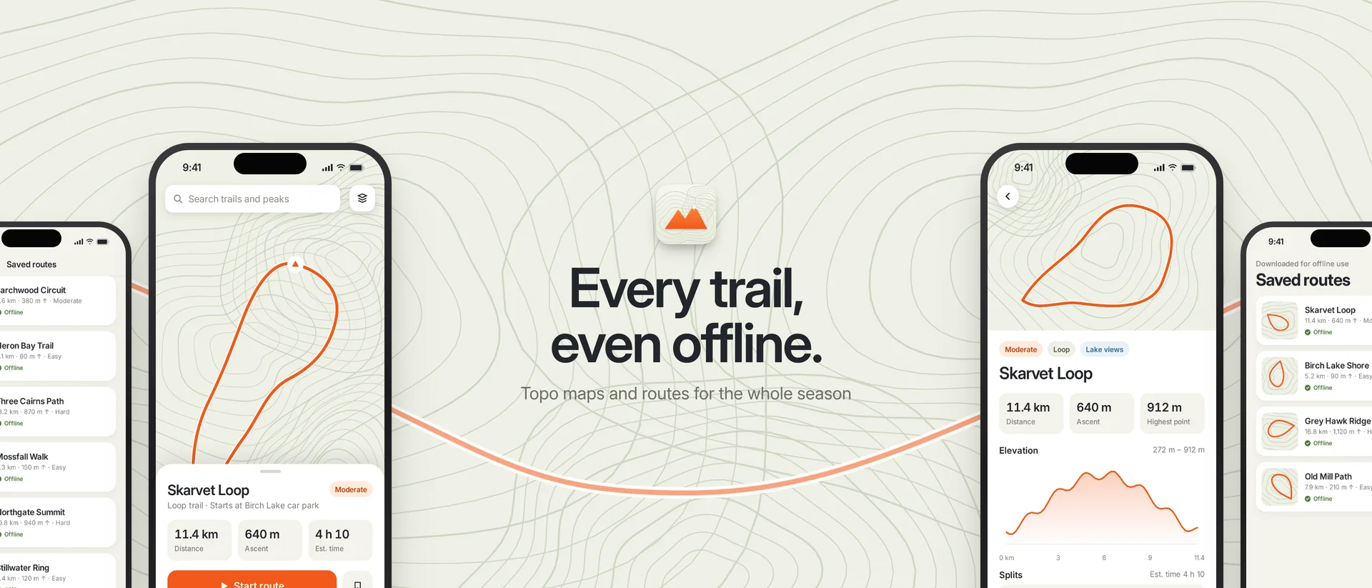 Concept for the fictional hiking app Ridgeline: a 21:9 product page header reading ‘Every trail, even offline.’