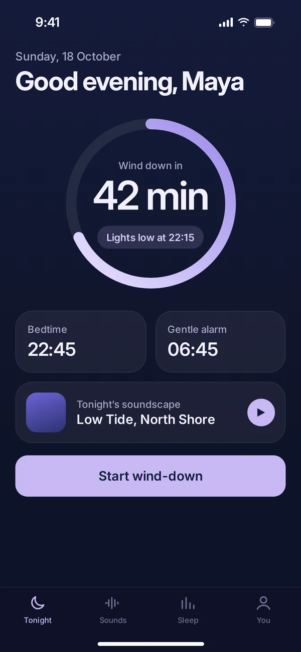Concept for the fictional sleep app Tidewell: the wind-down screen on an iPhone